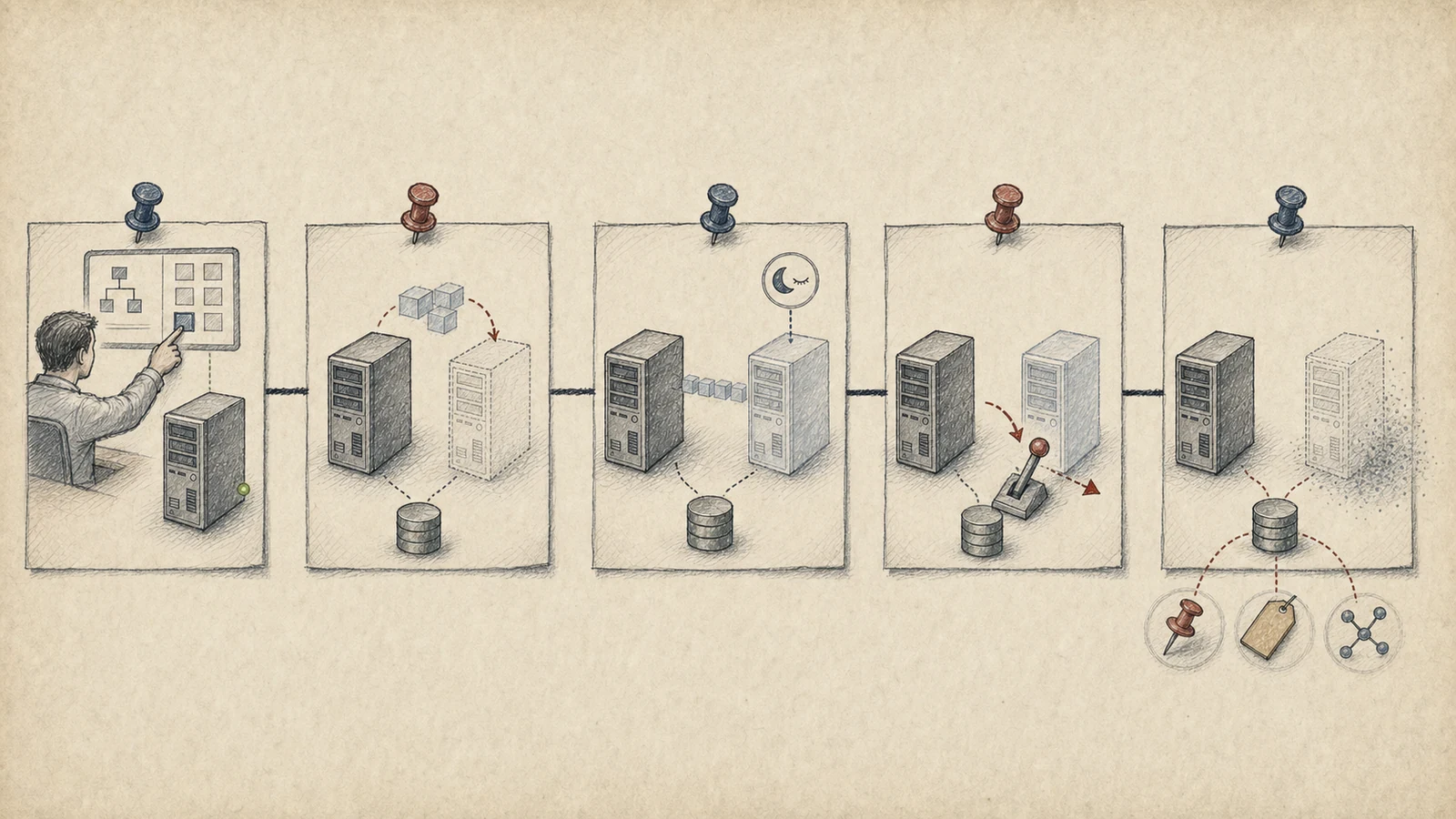 Timeline of five published VPXD events: clone task at 03:37:40, cloning at 03:37:49, completion at 03:42:07, destroy task at 04:05:40, and removal at 04:05:47.