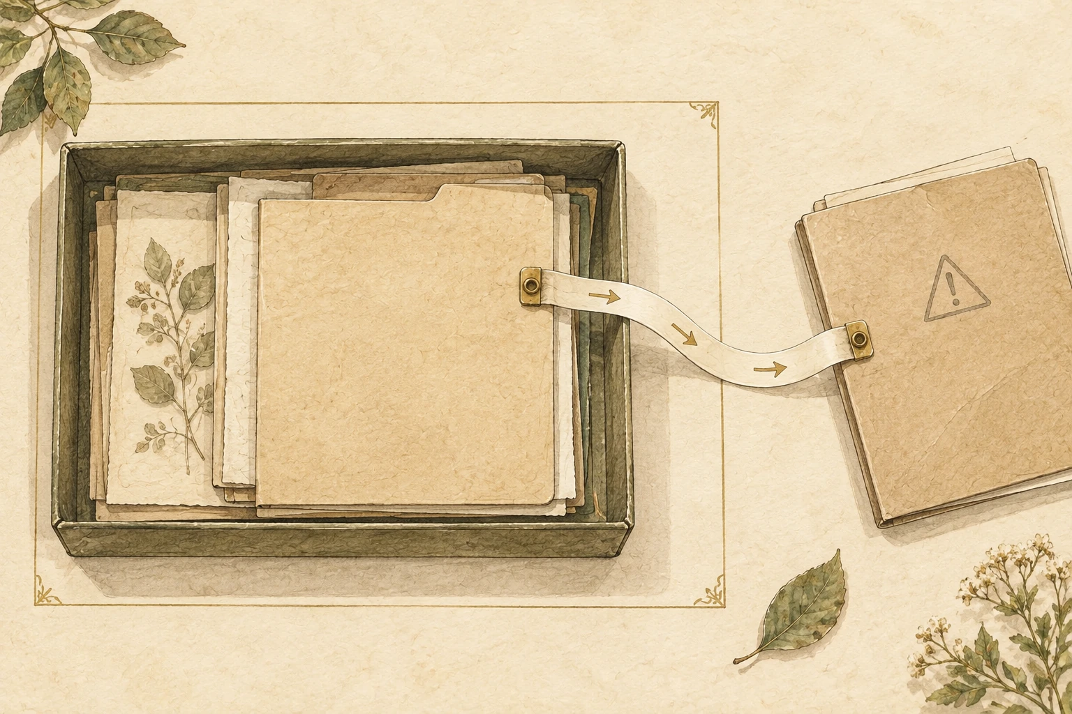 A pale parchment archive box and folders, with a link crossing the extraction boundary toward an outside folder.