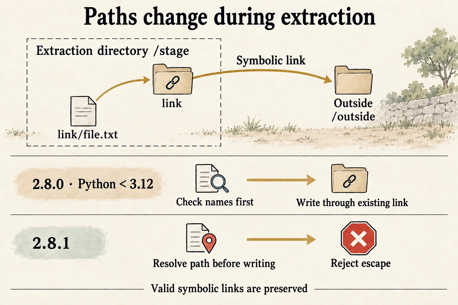A link inside the staging directory points outside it, and a later link/file.txt resolves through it. The older version checks names first; 2.8.1 resolves paths before writing and rejects escape while preserving valid symbolic links.