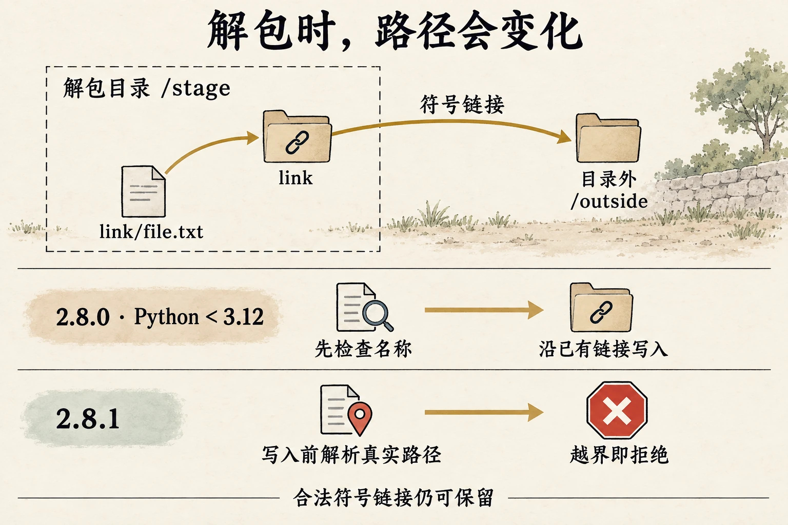 暂存目录内的 link 指向目录外，后续 link/file.txt 会沿它解析；旧版先检查名字，2.8.1 在写入前检查真实路径并拒绝越界，合法符号链接仍可保留。