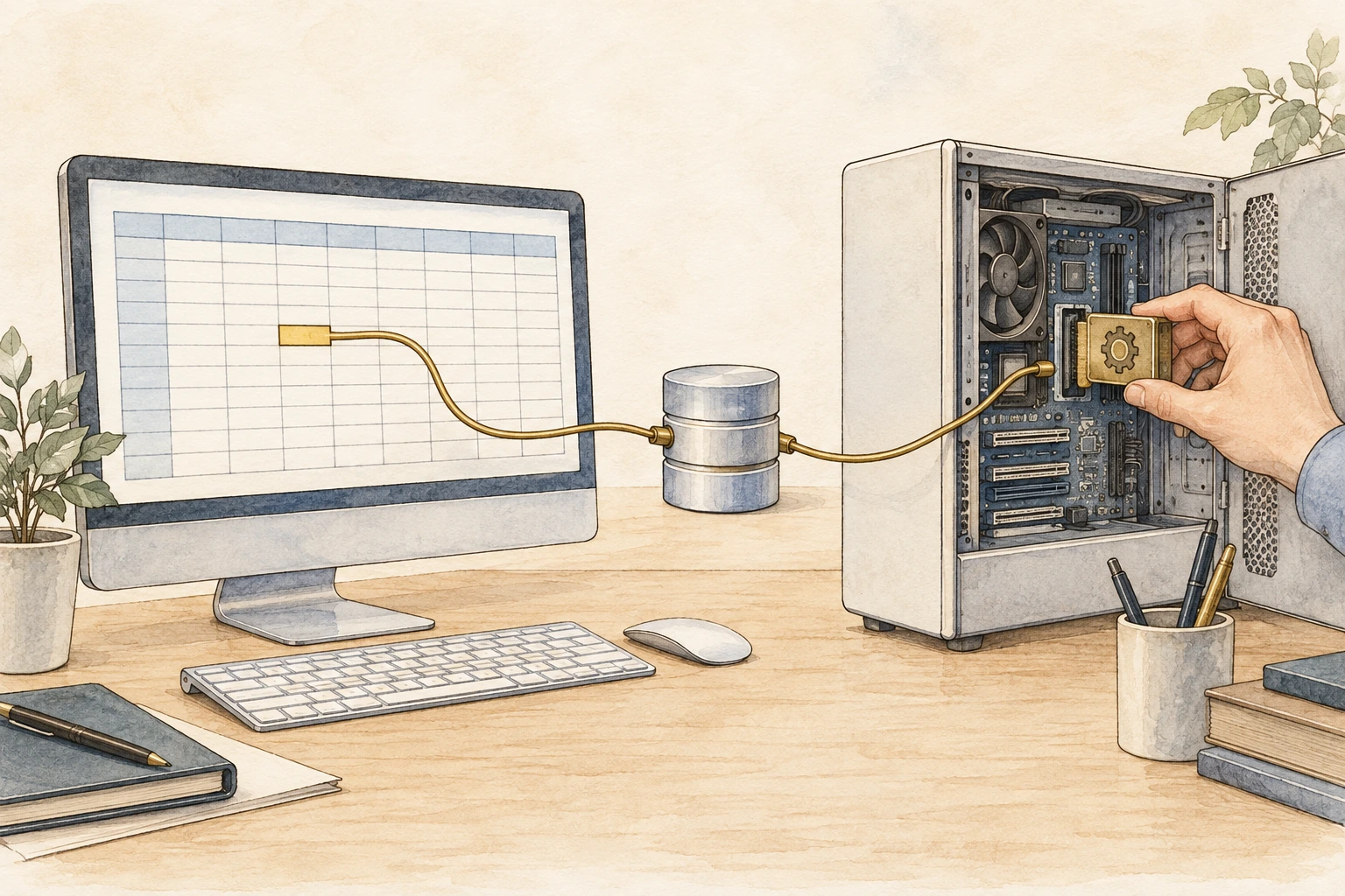 Pale-paper drawing of a spreadsheet connected through a database cable to a program mechanism inside a computer.