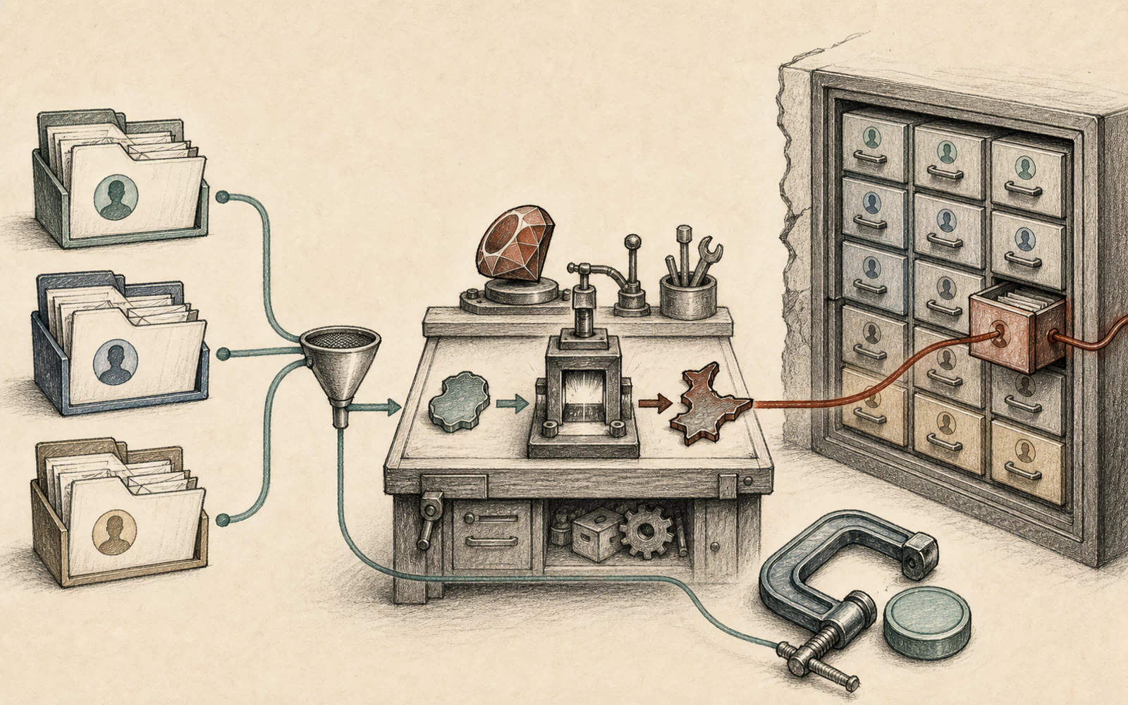 A hand-drawn investigation desk follows three tenant folders through a filter service toward a database cabinet, where a rust-red query fragment slips beyond the intended drawer.