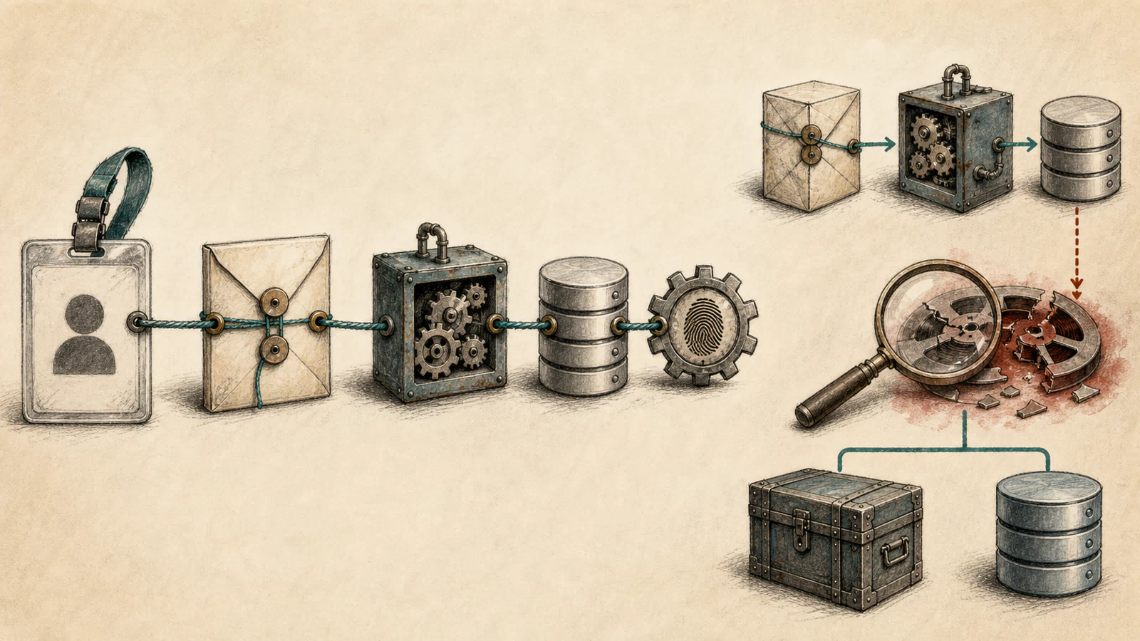 An identity badge, request envelope, application process, database session, and query fingerprint connect across one timeline, with primary, replica, backup, and search copies mapped separately.