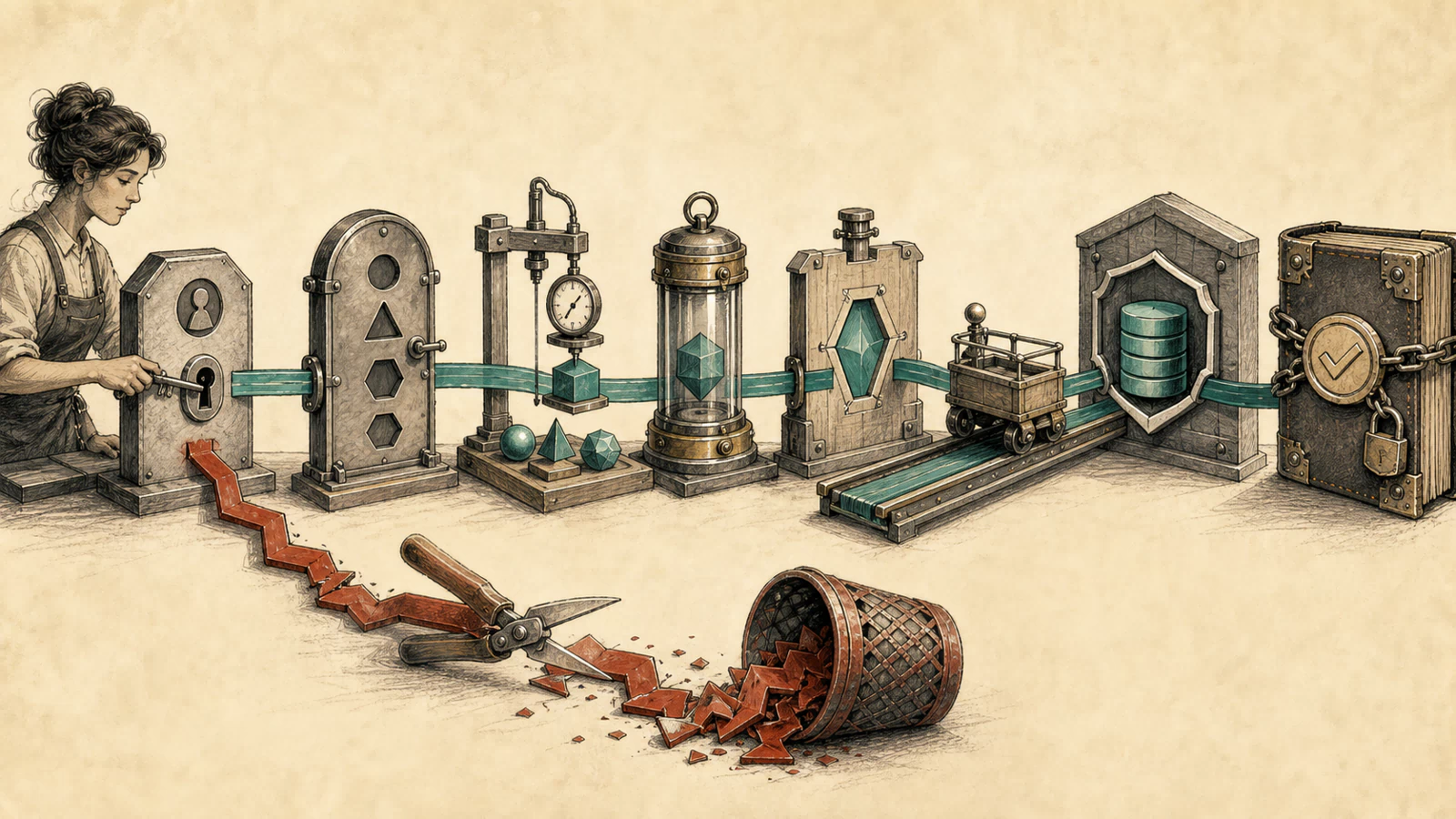 An engineer guides an account key through operator selection, type measurement, sealed binding, key checking, an account-scoped rail, a database shield, and a locked evidence ledger.