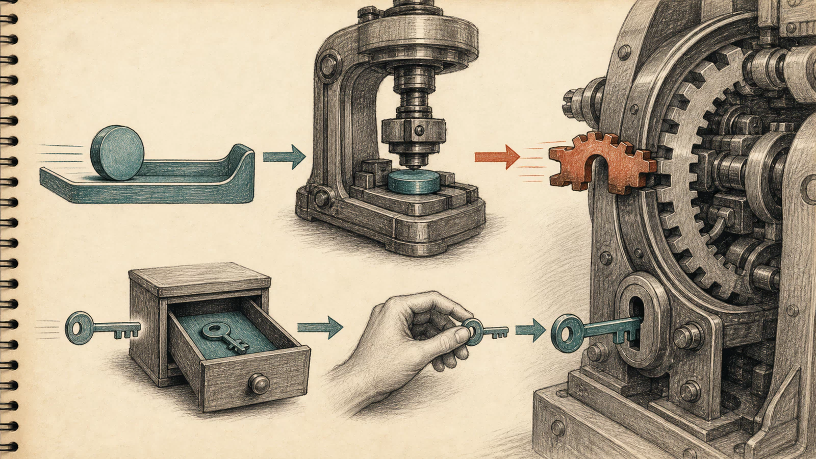 A smooth value is stamped into a jagged query gear while a stored custom key leaves a drawer and enters the same database mechanism through a second route.