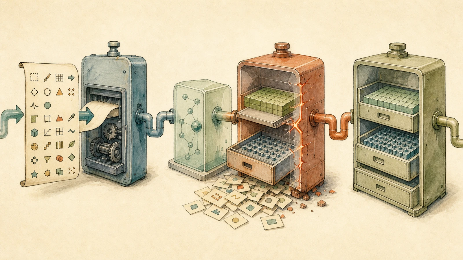 Hand-drawn parsed sequence contract flowing into an old rusted decoder cabinet whose trays are too short, beside a larger cabinet with correctly sized scratch and reference resources.