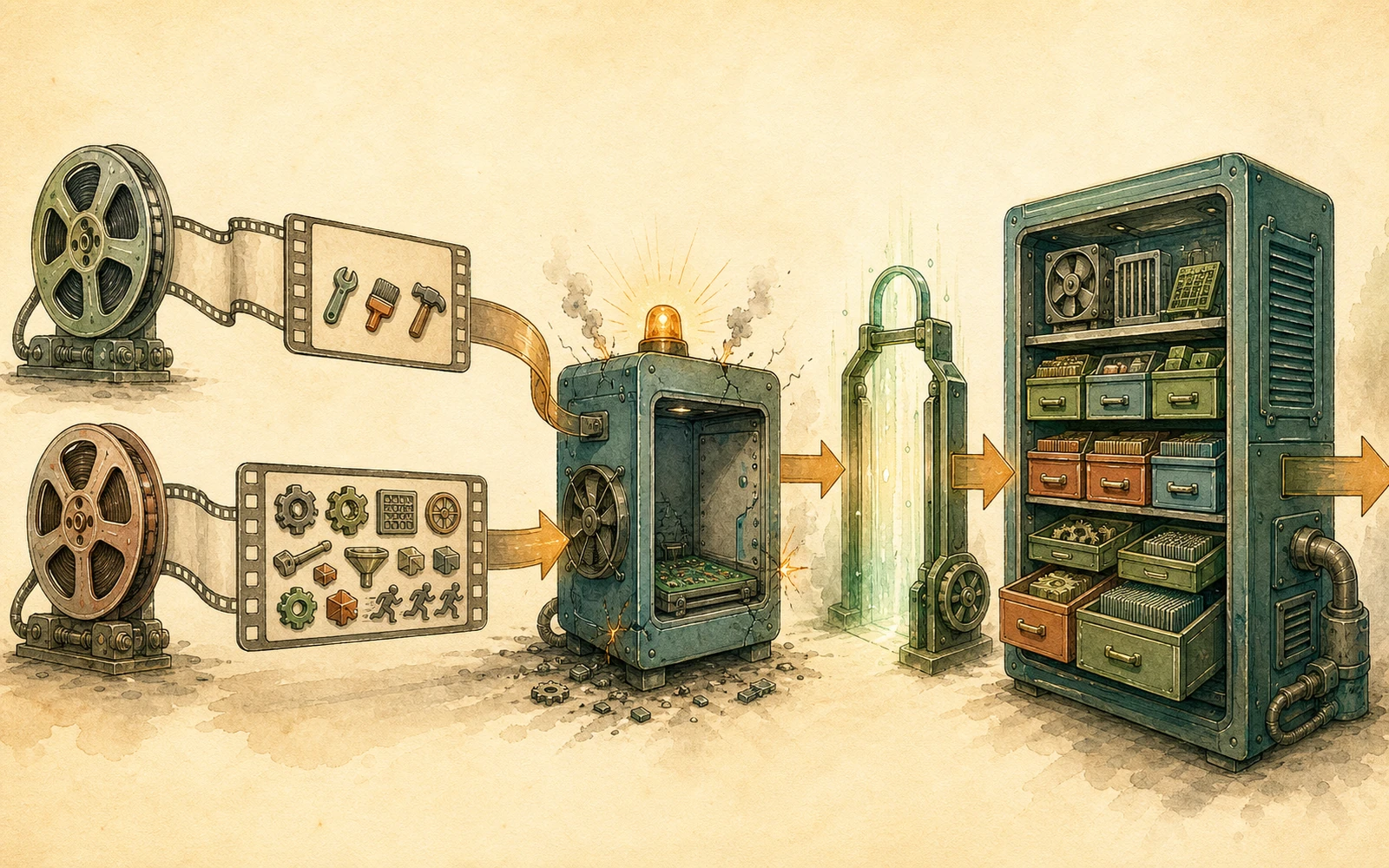 Hand-drawn AV1 stream showing two equal-sized frames carrying different internal tool requirements, an undersized decoder context, and a reset gate leading to a fully provisioned hardware cabinet.