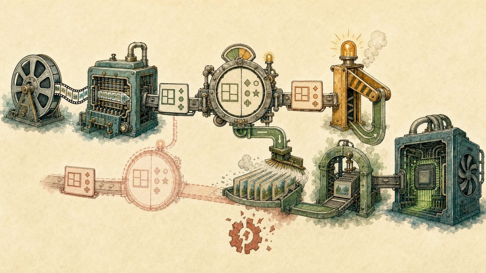 Hand-drawn decode path from sequence reel through parser and comparison gate to reference clearing and a newly constructed accelerator, with an unsafe bypass shown as a cracked faded gear.