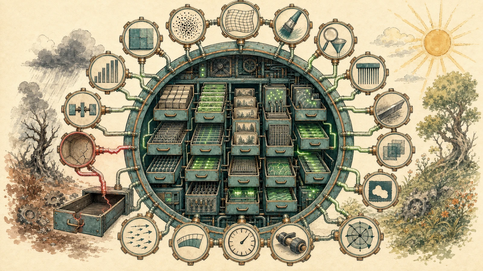 Hand-drawn ring of fifteen distinct nonverbal tool sockets surrounding a decoder cabinet, contrasting a missing cracked drawer with a fully provisioned set of resources.