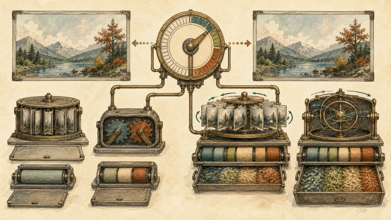 Hand-drawn order-hint clock feeding reference-frame cards, joint-compound gears, warped-motion machinery, and scratch trays under two equal picture outlines.