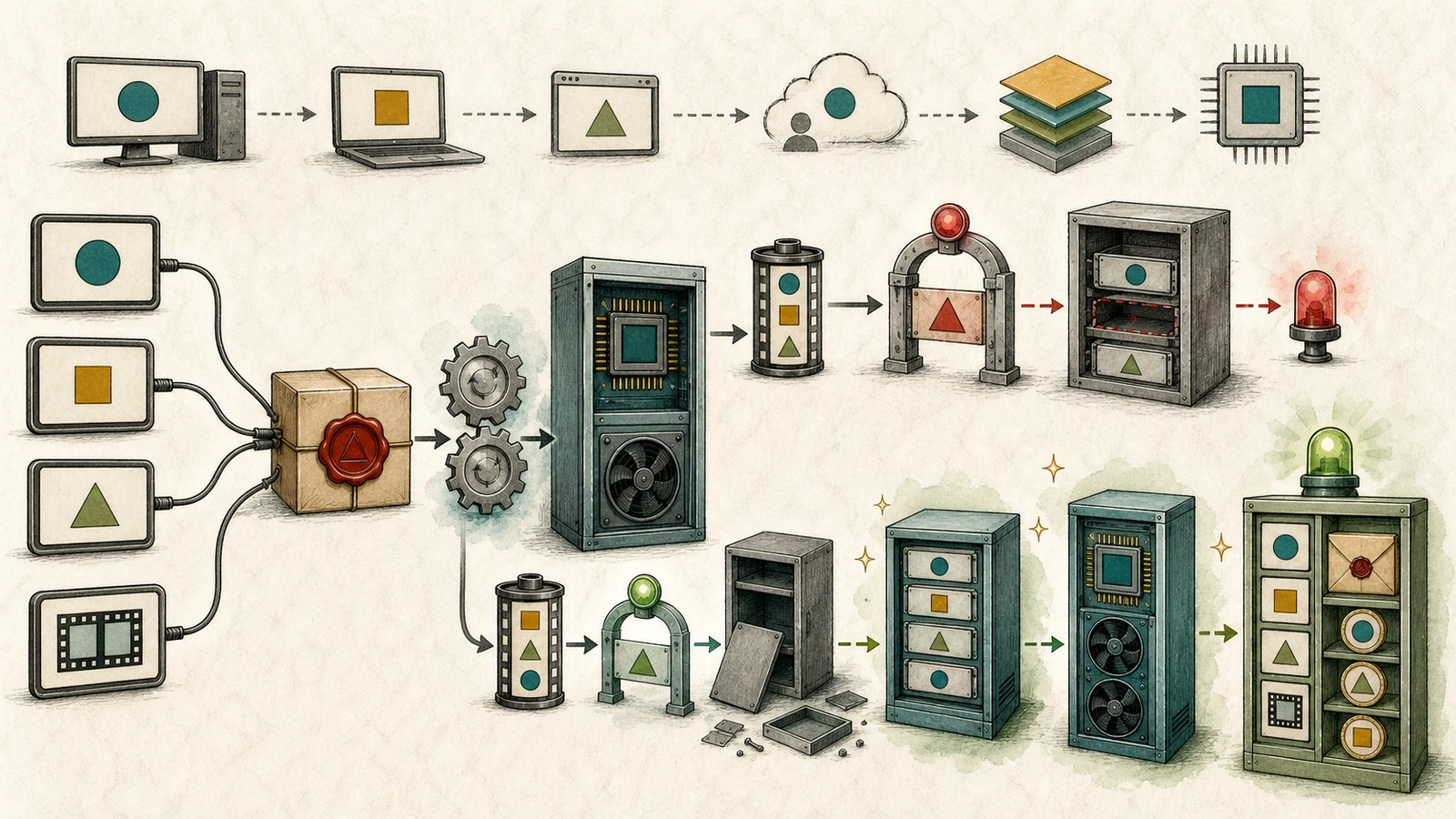Hand-drawn remediation flow from generic devices through a sealed update and restart gears, stopping an undersized context and admitting the changed sequence only after a larger context is provisioned, ending at a green evidence cabinet.