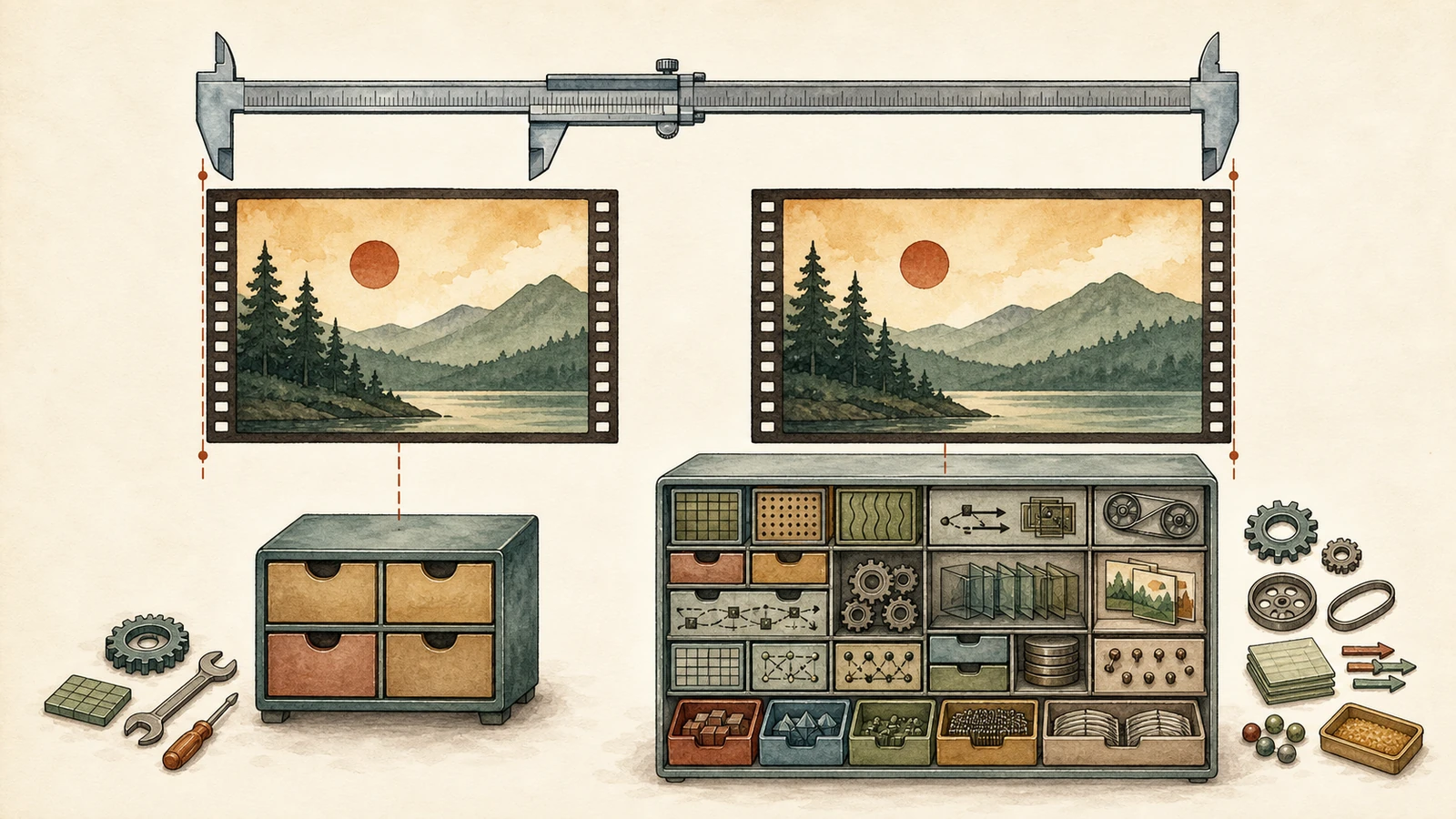 Hand-drawn pair of identical landscape frames measured by the same caliper, with a small four-drawer context beside the first and a much denser resource cabinet beside the second.