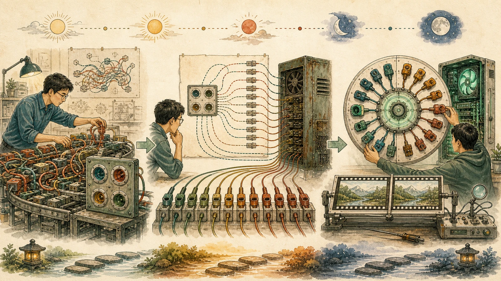Hand-drawn engineering timeline from a tangled comparison to a four-socket helper, then to a complete fifteen-socket ring and a twin-sequence test fixture.