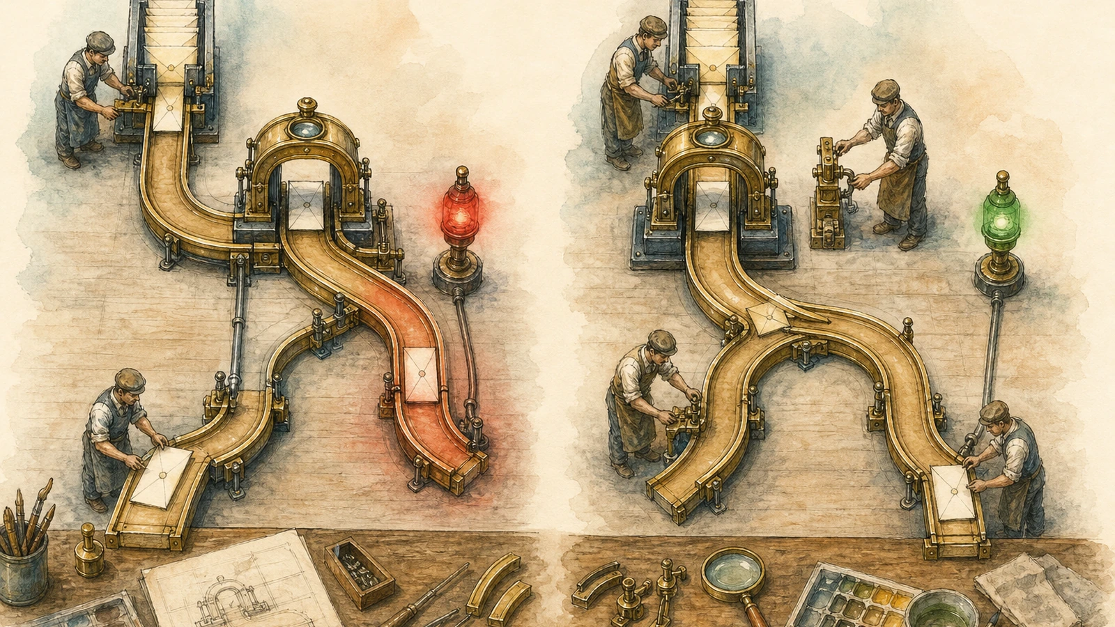 Hand-drawn side-by-side processing routes: the old route forks ahead of the shared check and shows a red signal, while the fixed route sends both branches through one checkpoint before insertion.