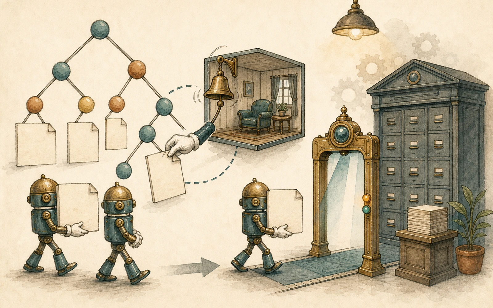 Warm hand-drawn scene with DOM branches, pending node cards, an iframe lifecycle setting, a node transfer, and the final structural check position.
