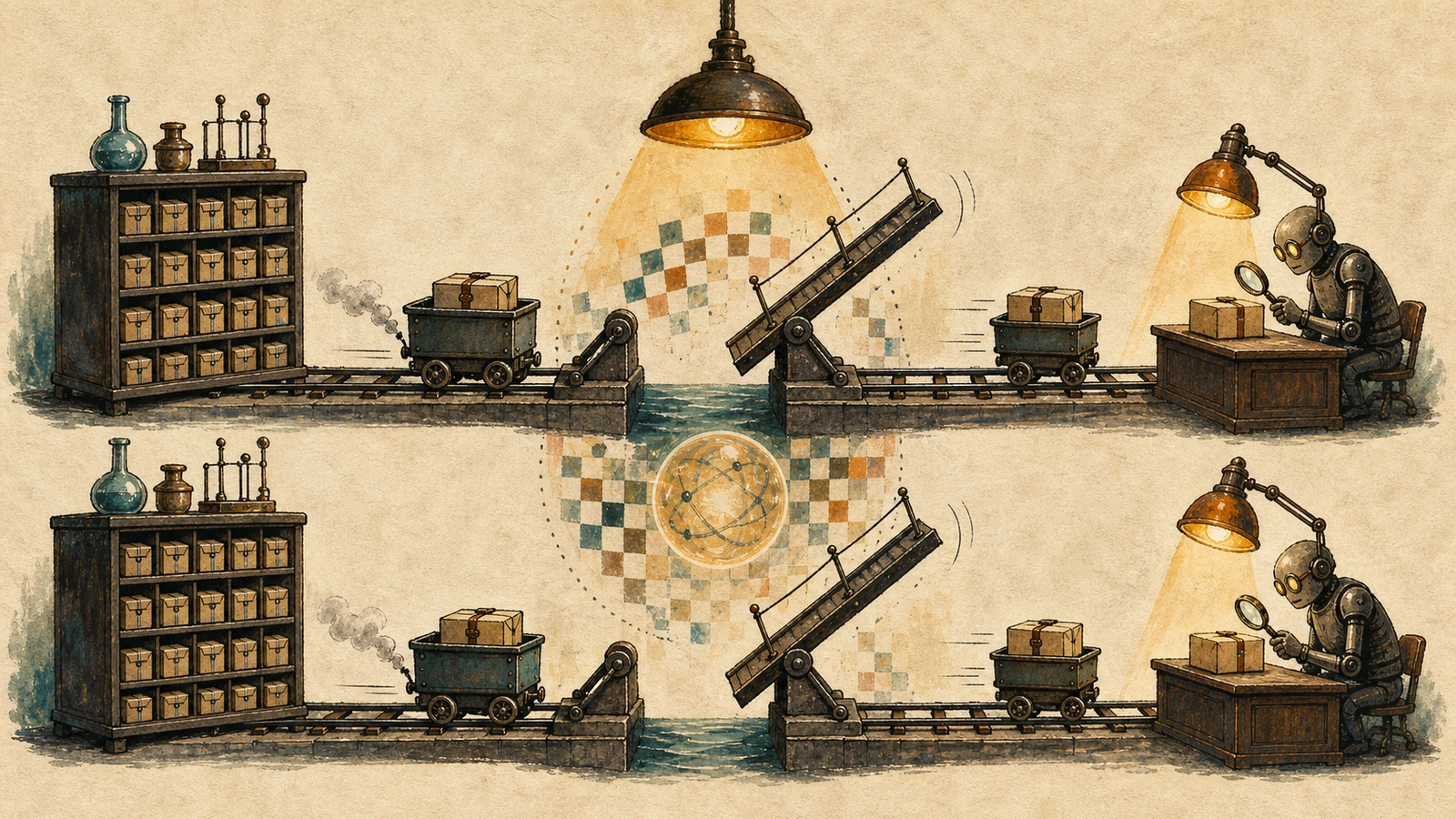 Hand-drawn laboratory with two identical rounds, sixty-four small database drawers carrying large folded payloads, an unawaited request cart, an immediate navigation lever, and a green sanitizer lamp after the session closes safely.