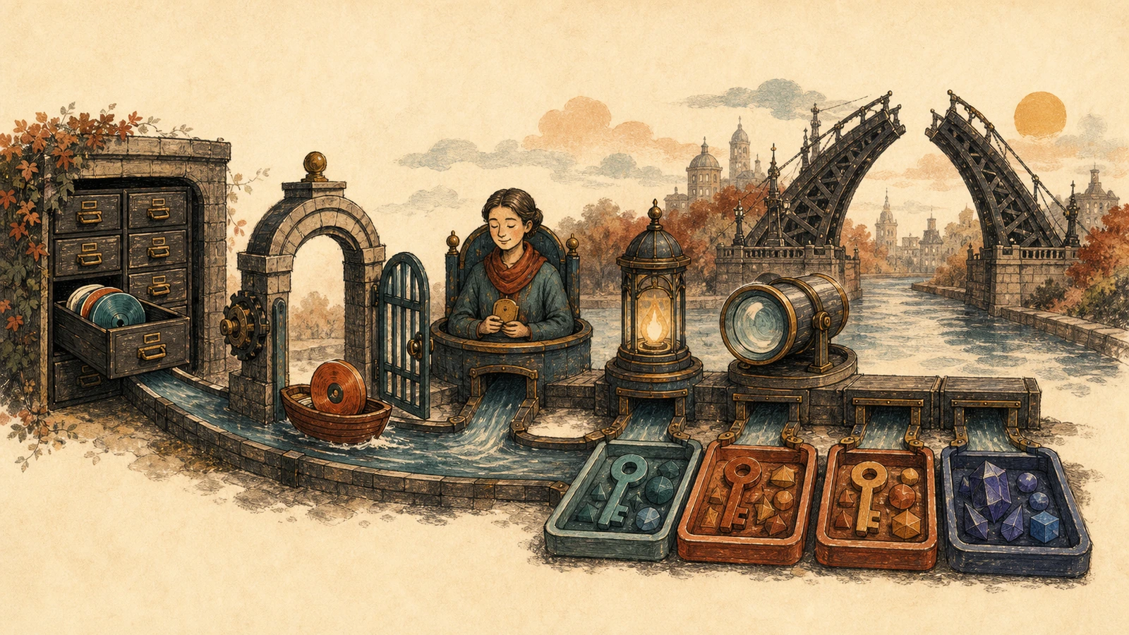 Hand-drawn waterway carrying discs from an open file drawer through a stone gate and a seated operator, past a lantern and a lens, into four trays of key-shaped and geometric pieces, with a raised drawbridge behind them.