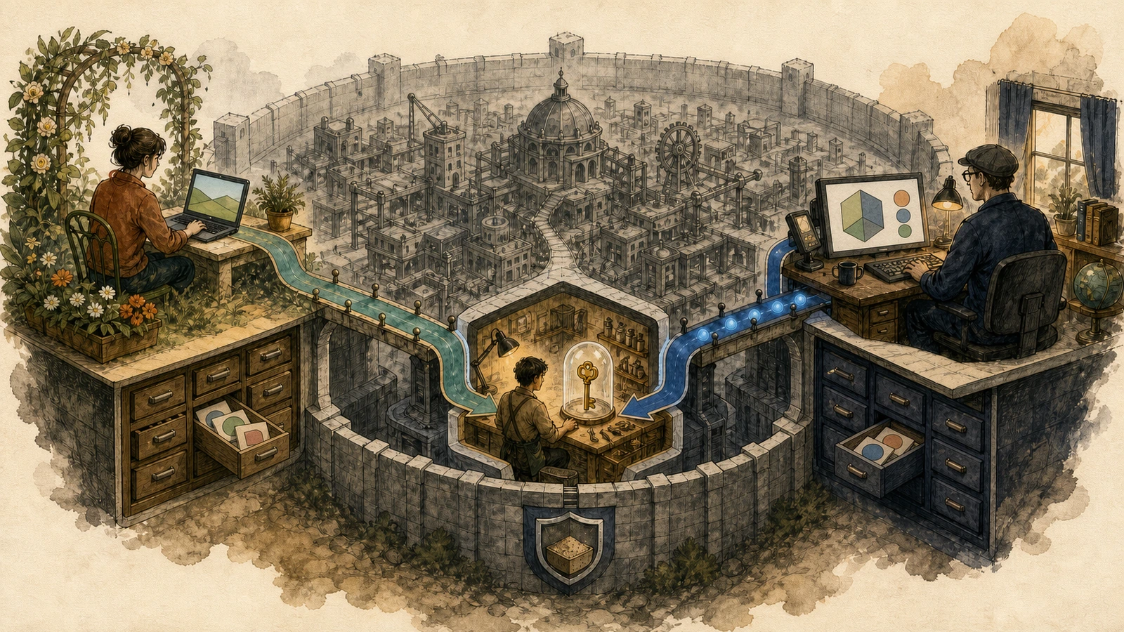 Hand-drawn map with an untrusted page holding database rows and a navigation lever on one side, several legitimate DevTools and automation clients on the other, meeting only at a guarded IndexedDB requestData doorway inside the renderer.