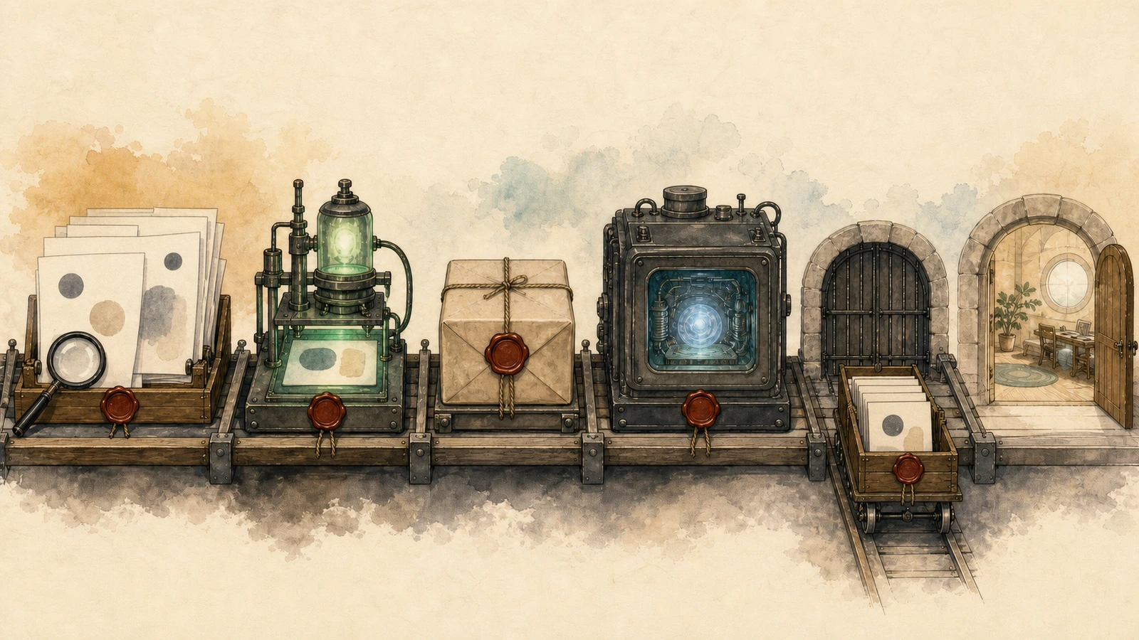 Hand-drawn release desk where a reviewed source commit, sanitizer test card, signed browser package, restarted renderer process, and a late cursor row all receive matching proof stamps, with the stale row stopping at a clearly closed session gate.