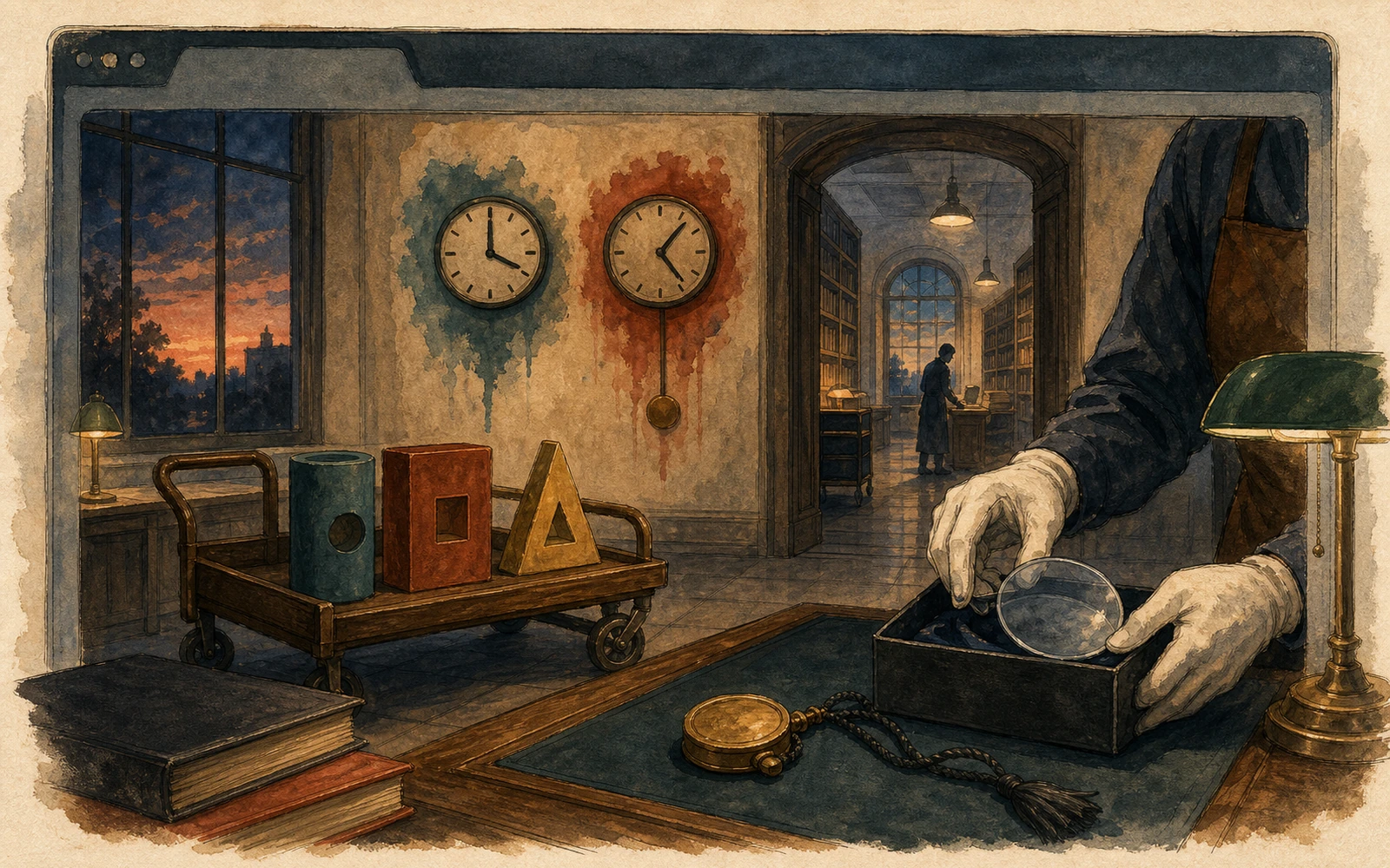 Warm hand-drawn investigation room with two clocks over blue and red stains, a cart holding three geometric objects, and gloved hands examining a clear glass sphere in a black tray while a lone researcher stands in the adjoining archive.