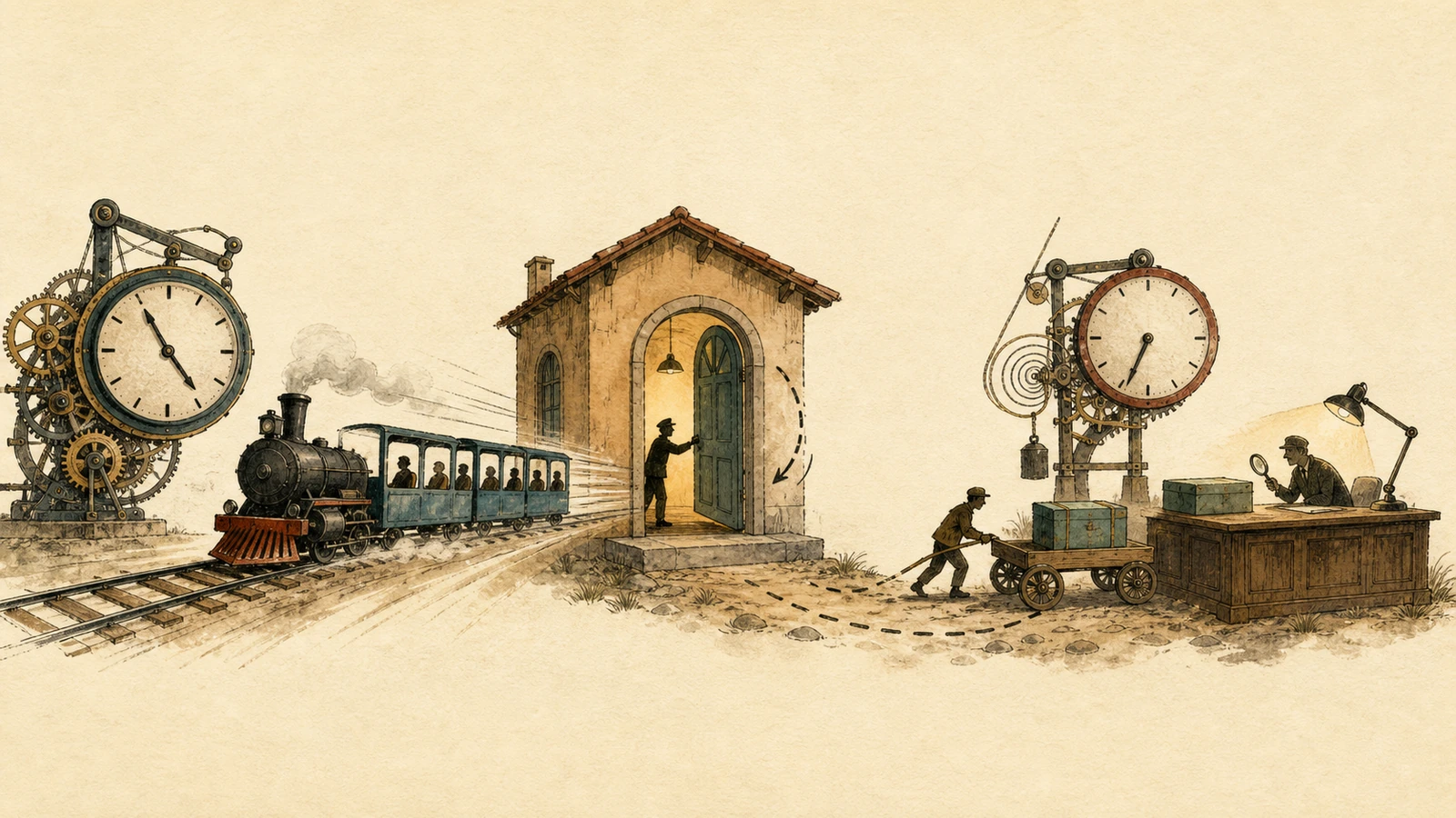 Hand-drawn pair of mechanical clocks: a warm database clock advances a row through open, cursor and callback, while a blue navigation clock folds away the inspector session before the row arrives.