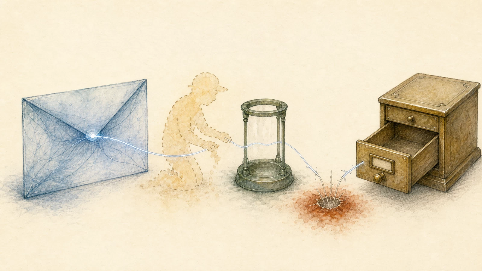 Hand-drawn blue envelope remains lit while its callback line crosses a fading wooden helper, an empty green lamp stand, and torn fibers before reaching the brass drawer.