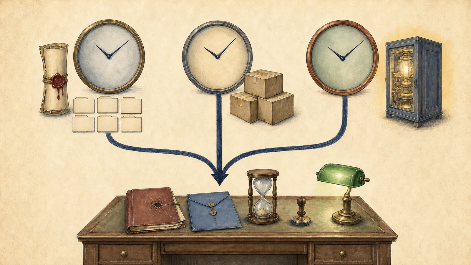 Hand-drawn investigation desk connects source commit, platform release, and running-process clocks to a browser binary, crash folder, worklet envelope, and restart lamp.