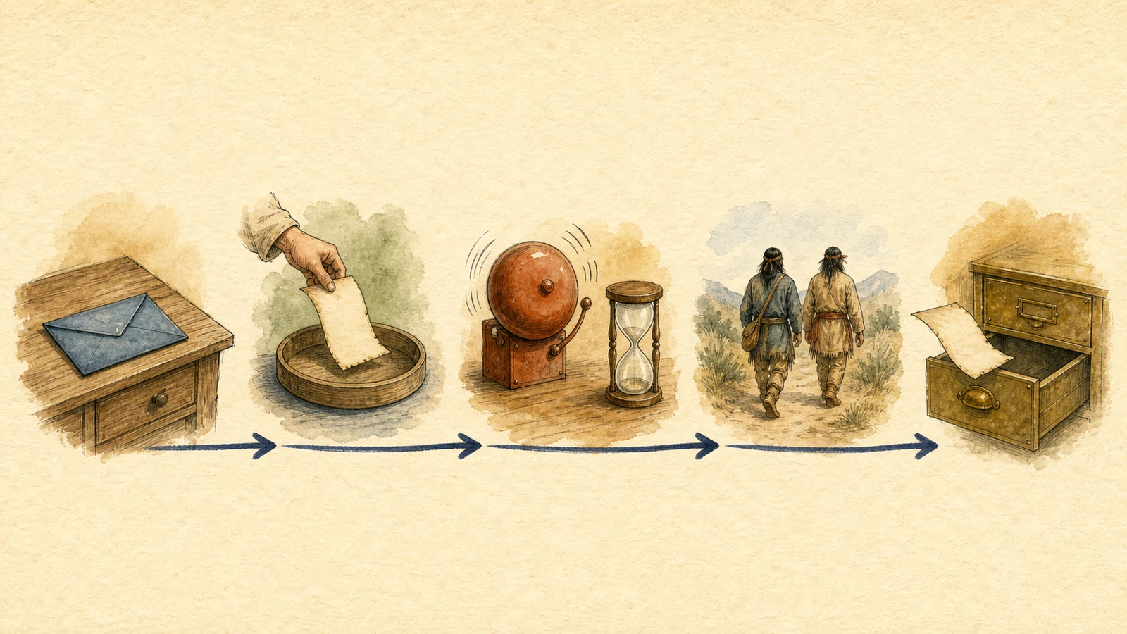 Hand-drawn five-step sequence moves from a browserSignals envelope to a Promise ticket, a timeout bell, departing helpers, and the same ticket reaching for an open brass drawer.
