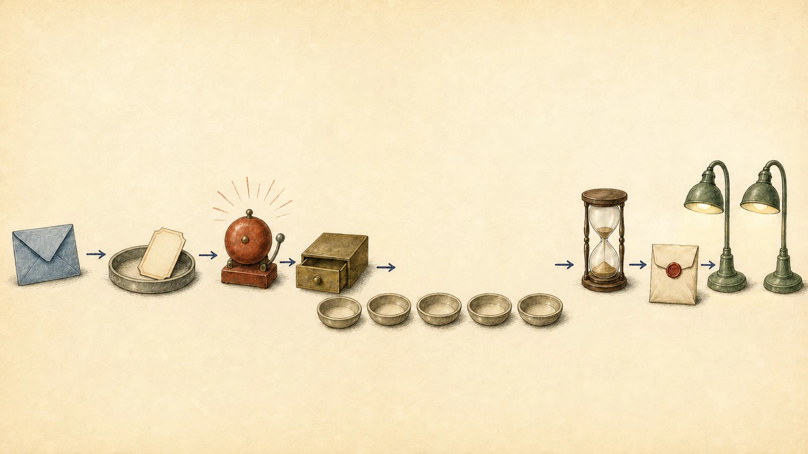 Hand-drawn regression bench places an envelope, Promise ticket, timeout bell, drawer, five empty bowls, stopped hourglass, sealed error strip, and two green check lamps in sequence.