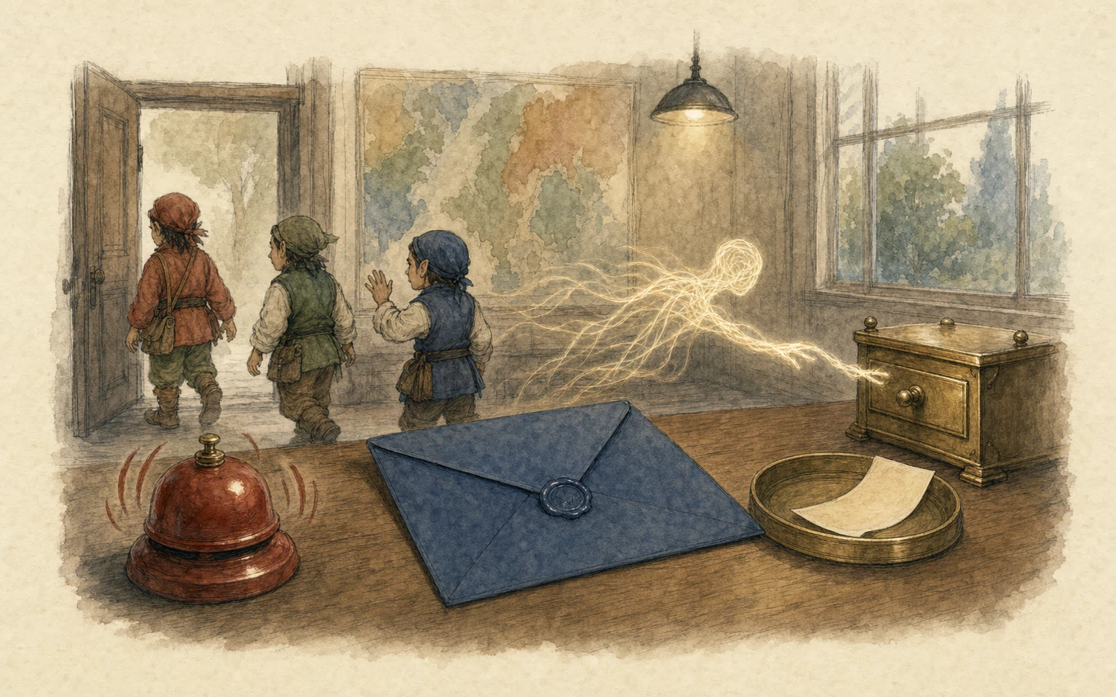 Hand-drawn auction reporting room after a red timeout bell has rung; native helpers are leaving while a blue browserSignals envelope and a Promise claim ticket remain connected to a brass property drawer.