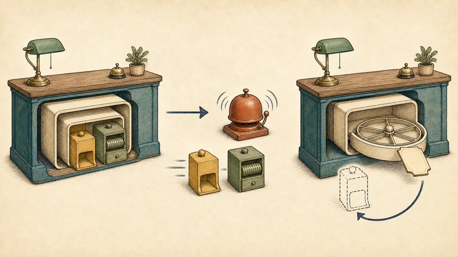 Hand-drawn cutaway shows context, scope, filler, and logger nested together; after timeout two helpers leave before the scope turns a microtask carousel back toward their empty positions.