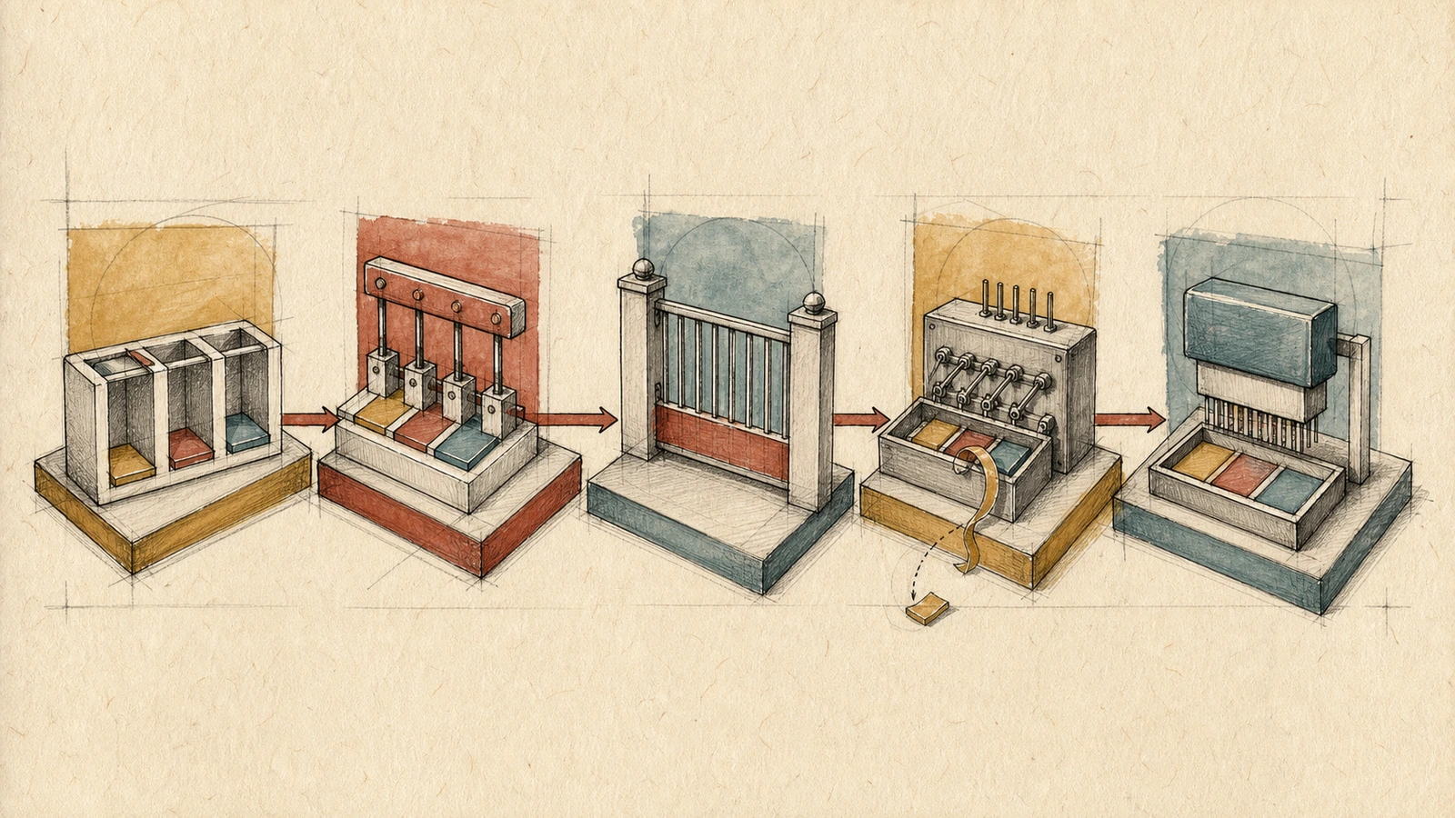 A hand-drawn five-stage lowering chain carries an unfinished array through header writes, an early finish point, element helpers, and an ordinary store.
