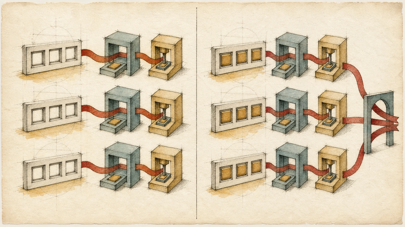 An unfinished array carries one continuous construction marker through the element-store helpers and crosses the finish gate only after all three slots are filled.