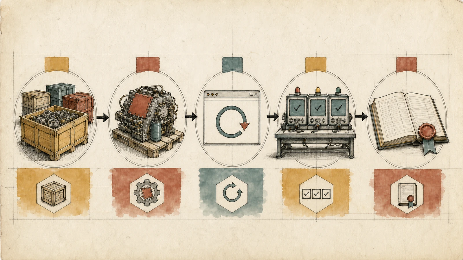 An asset inventory, fixed engine, process restart, three-cell regression, and evidence ledger close into one hand-drawn response loop.