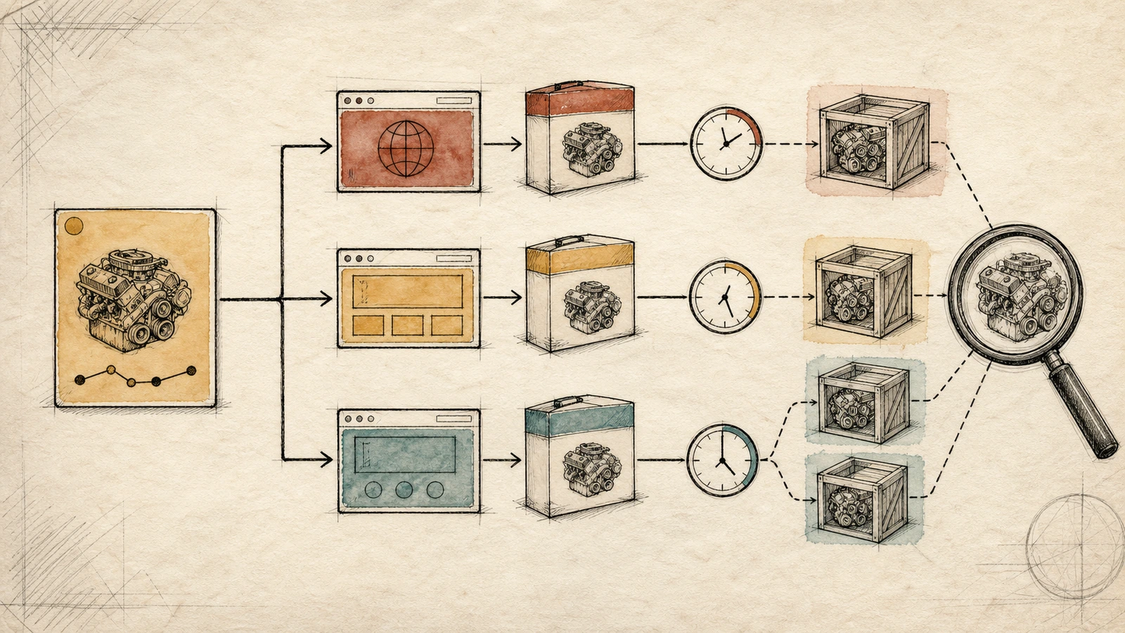 One upstream V8 revision enters browsers, desktop shells, test runtimes, and direct embedders on different clocks while a magnifier checks the engine inside each package.