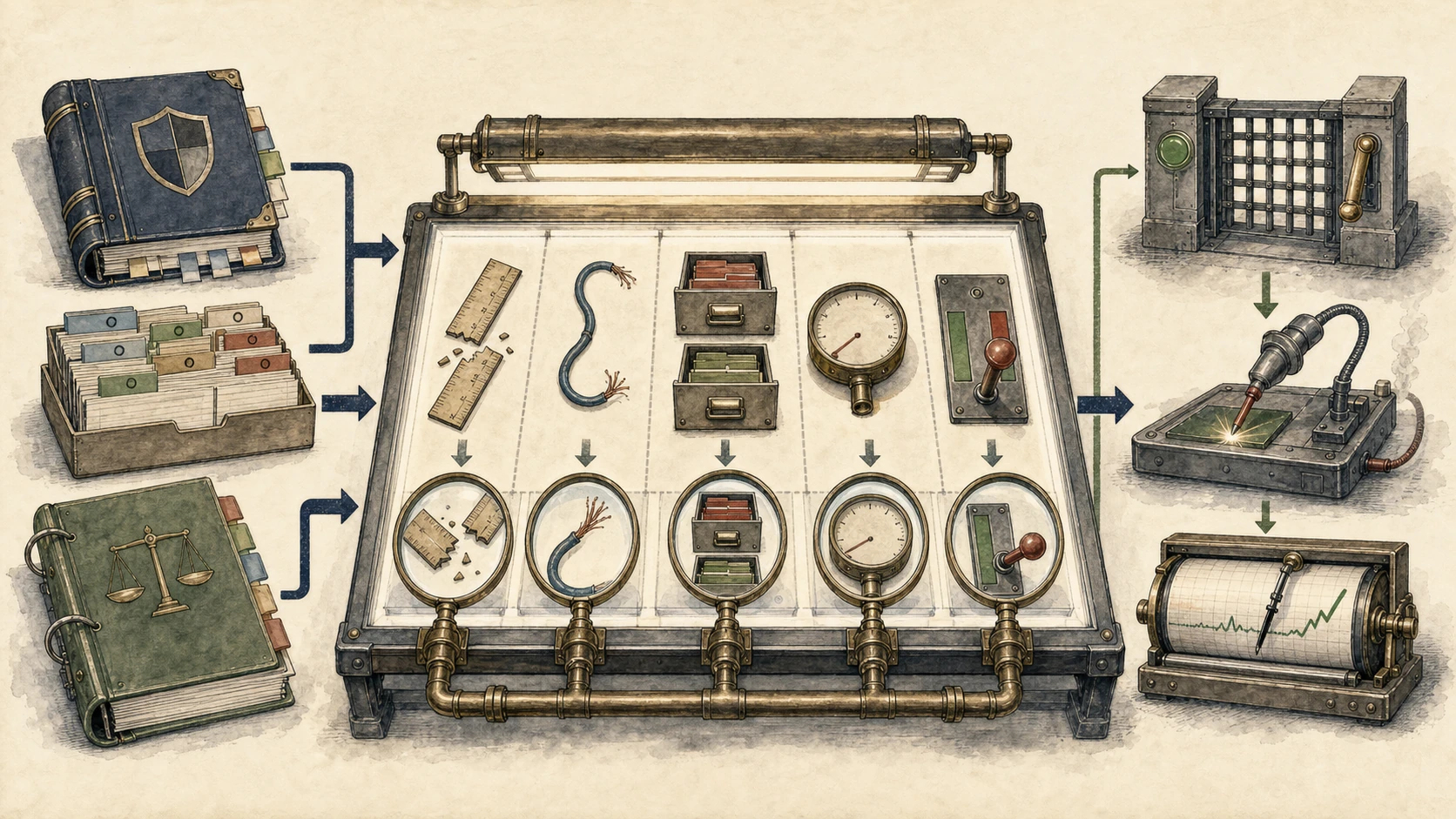 Three official document layers enter a warm comparison desk where five evidence devices expose arithmetic, variable, scope, missing-metric, and reversed-outcome conflicts before a local operating-effectiveness layer