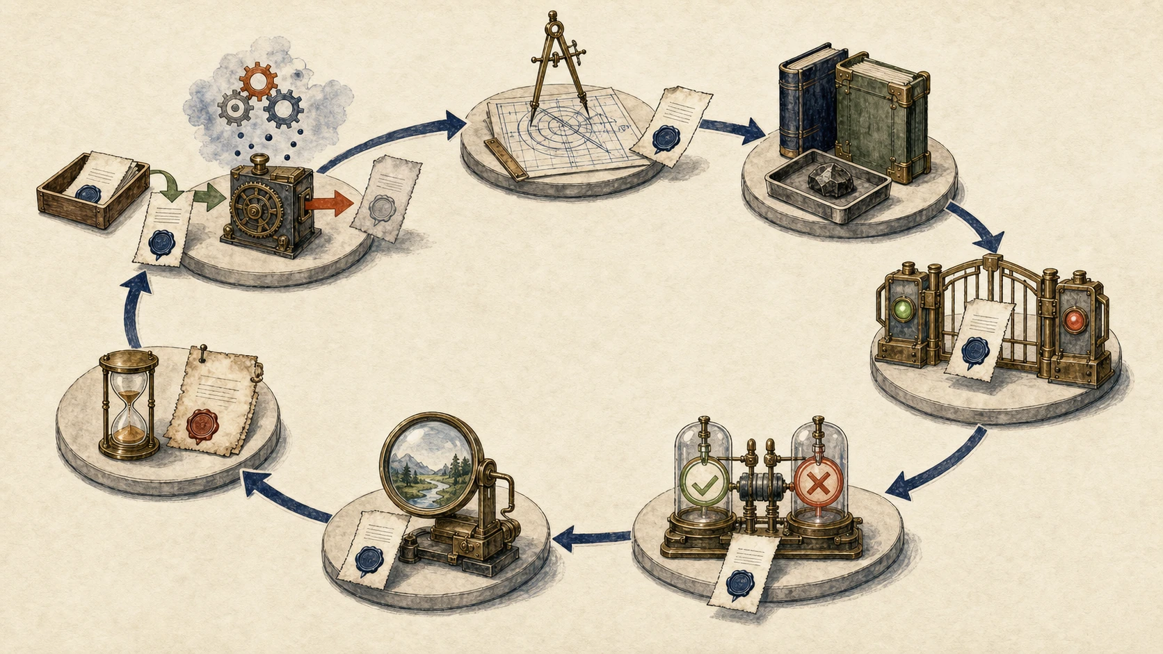 A circular warm-paper workflow connects design, population reconciliation, enforcement, positive and negative testing, outcome review, expiring exception, and renewal, with receipts returning to the inventory