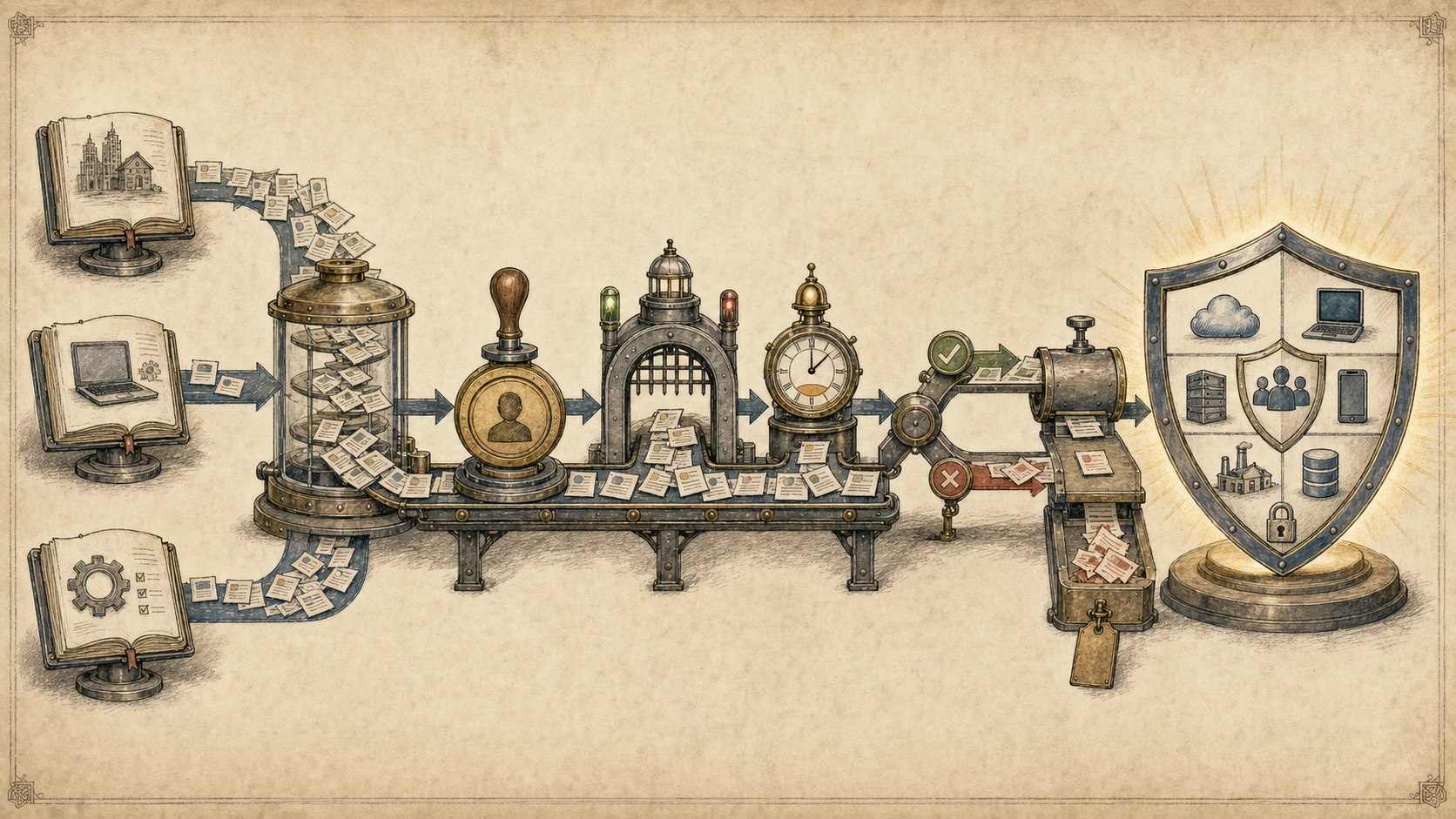 A warm-paper investigative workbench where 153 small control cards flow from three foundation ledgers through evidence gates, clocks, negative-test tools, and an operating security shield