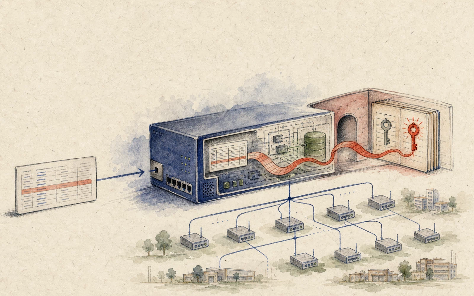 A hand-drawn table with one red row enters an SD-WAN control appliance; a red path crosses the appliance to two keys while a fabric of edge nodes branches below it.