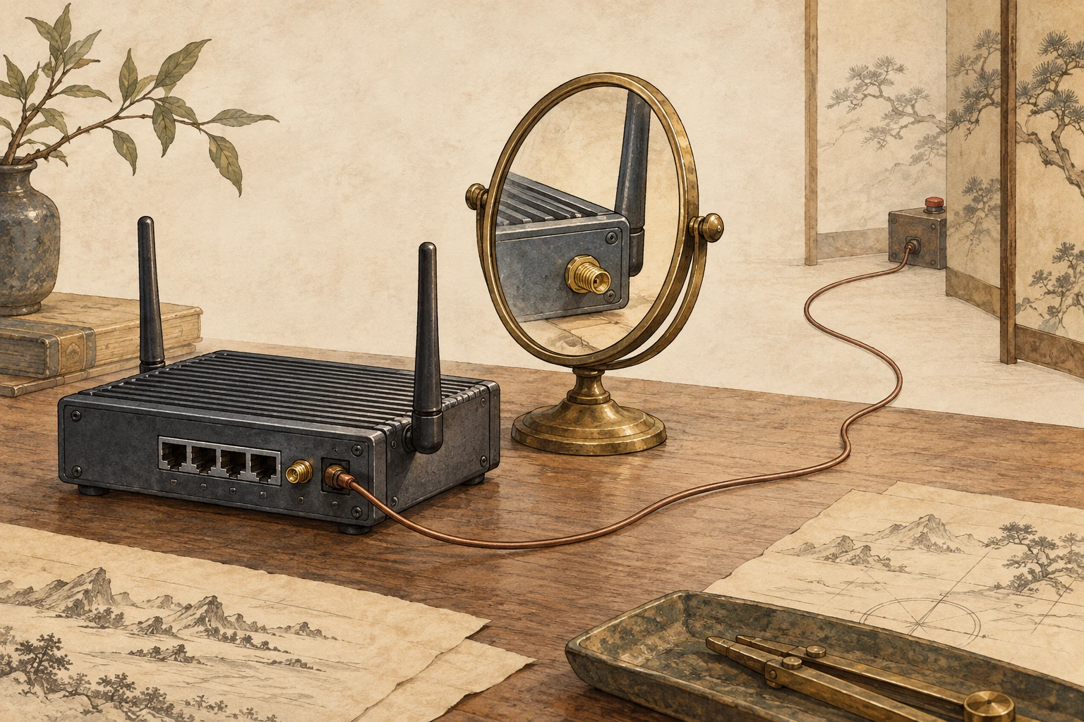 Warm-paper conceptual drawing of an industrial router facing a brass mirror to discover its external location, with a separate connection reaching a distant control device.