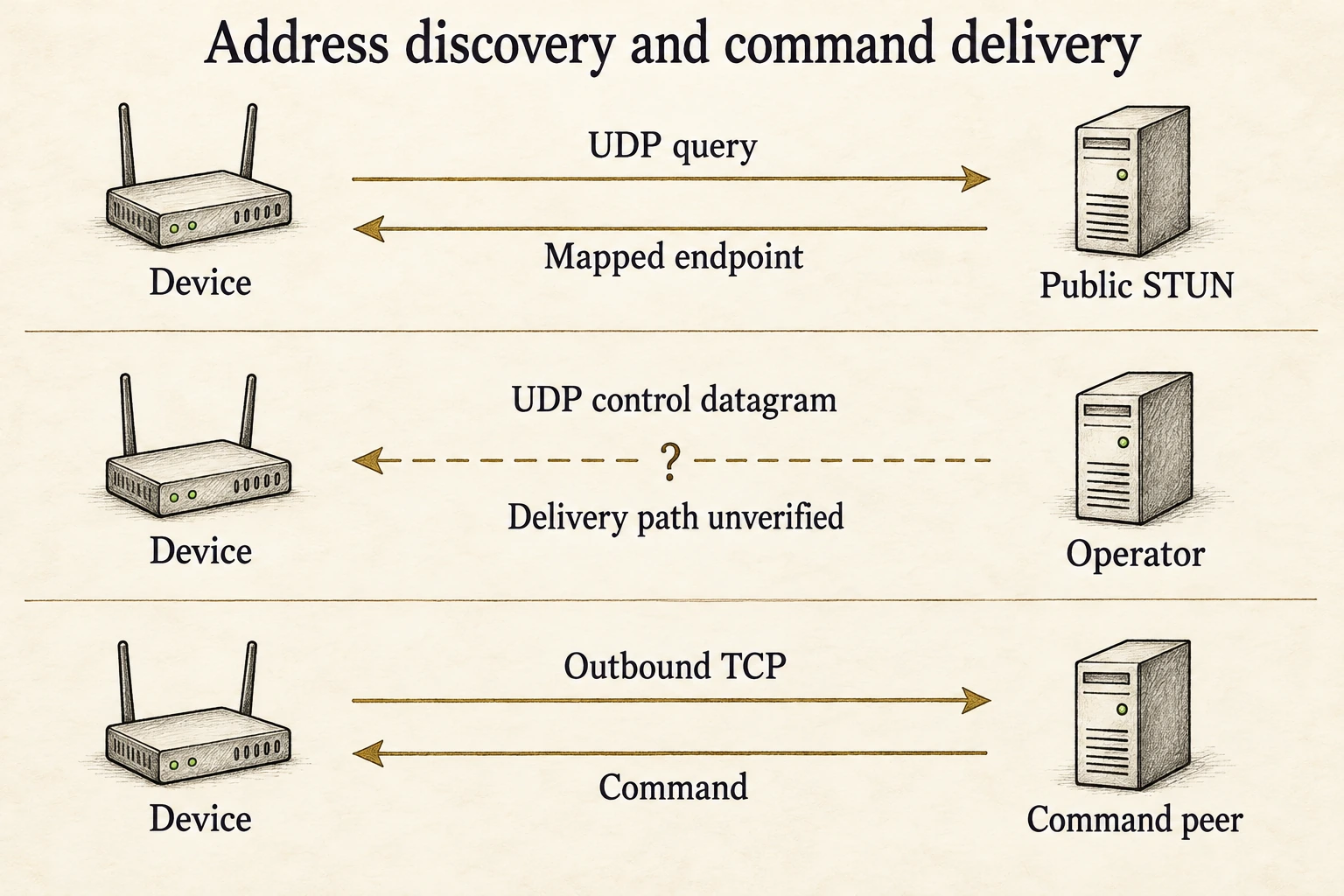 Three rows show a public STUN mapping query, a UDP control datagram with unverified delivery, and an outbound TCP command connection opened by the device after the datagram arrives.