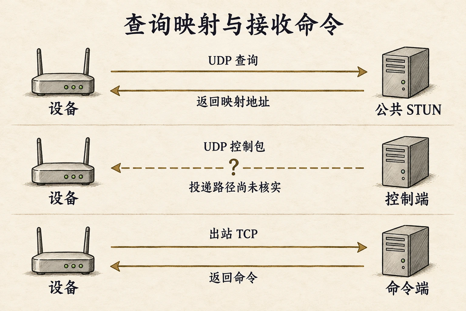 三行分别表示设备向公共 STUN 查询映射地址、投递路径尚未核实的 UDP 控制包，以及控制包到达后由设备建立的出站 TCP 命令连接。