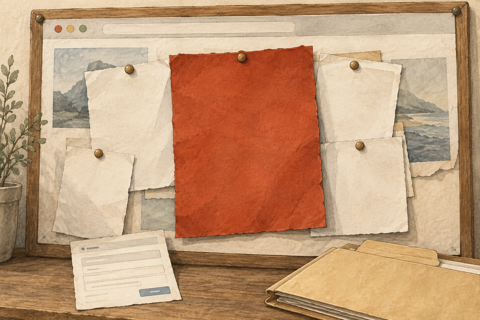 Warm-paper illustration of a website noticeboard with its original documents covered by a new red notice, beside a form and folders.