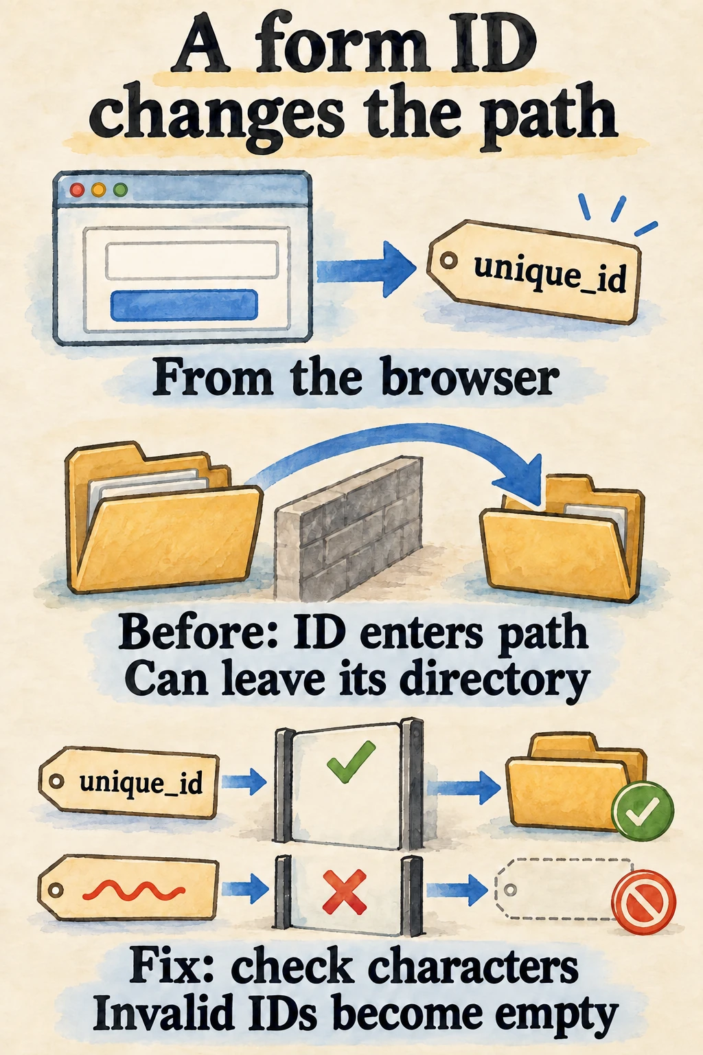 A browser-supplied form ID reaches unique_id and enters a directory path; the fix checks characters and empties invalid IDs before that path is used.