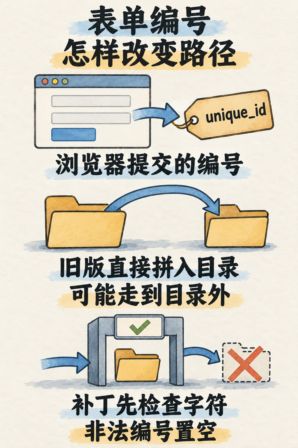 浏览器提交的表单编号进入 unique_id,旧版直接拼入目录,可能越出预定位置;补丁先检查字符并将非法编号置空。