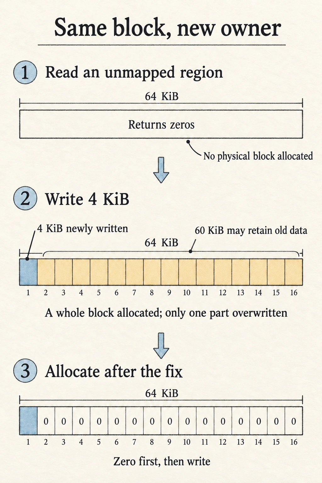 An unmapped read returns zeros. A 4 KiB write maps a full 64 KiB block, potentially retaining 60 KiB of old contents. With zeroing enabled, the unwritten portion of a newly allocated block contains zeros.