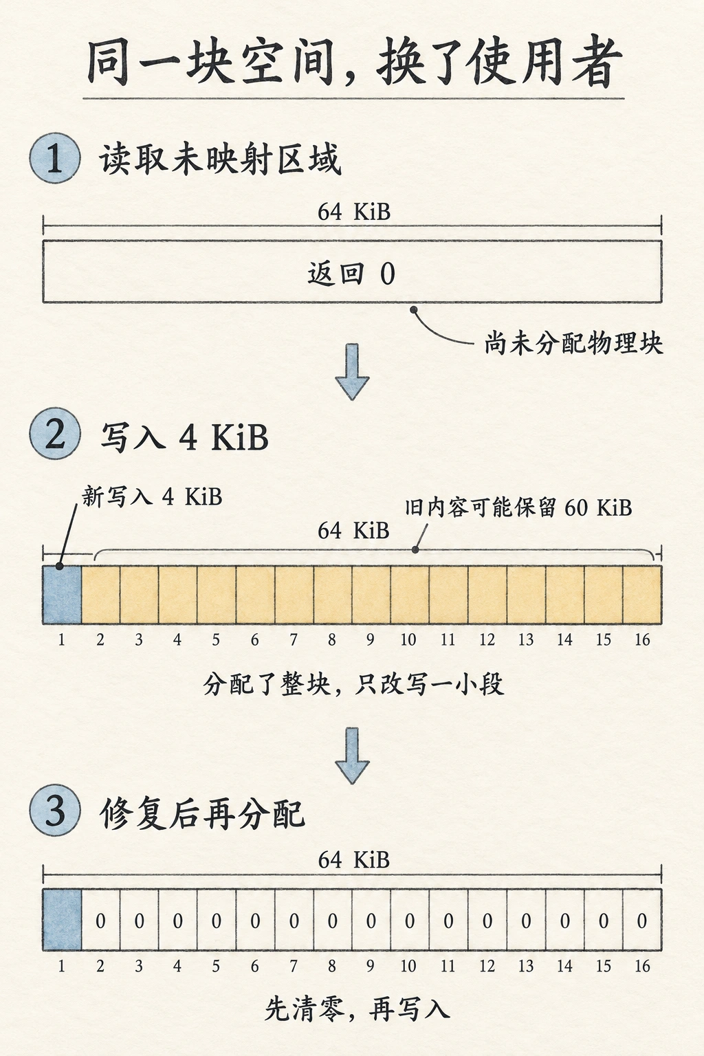 未映射区域先读零；4 KiB写入使64 KiB整块获得映射，60 KiB旧内容可能保留；启用清零后，新分配块的未写部分为零。
