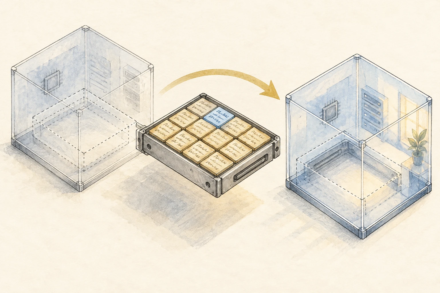 Warm-paper sketch: a tray of storage blocks passes from an old virtual machine to a new one, with just one small tile overwritten by fresh data.