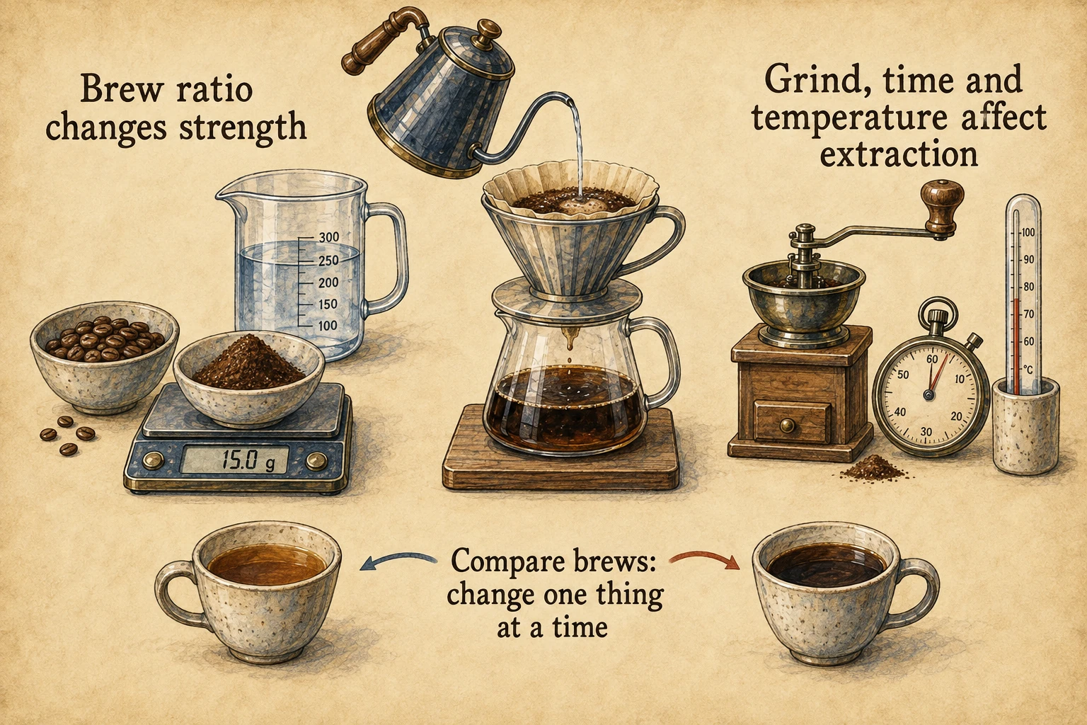 Coffee and water measurements establish brew ratio; a grinder, timer and thermometer represent extraction conditions, above two comparison cups