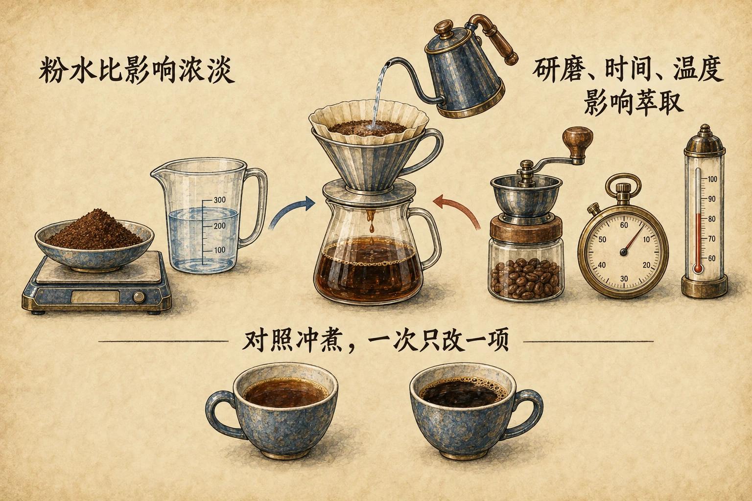 称量咖啡和水决定粉水比,磨豆机、计时与温度提示萃取条件,下方两杯用于单项改变的冲煮对照